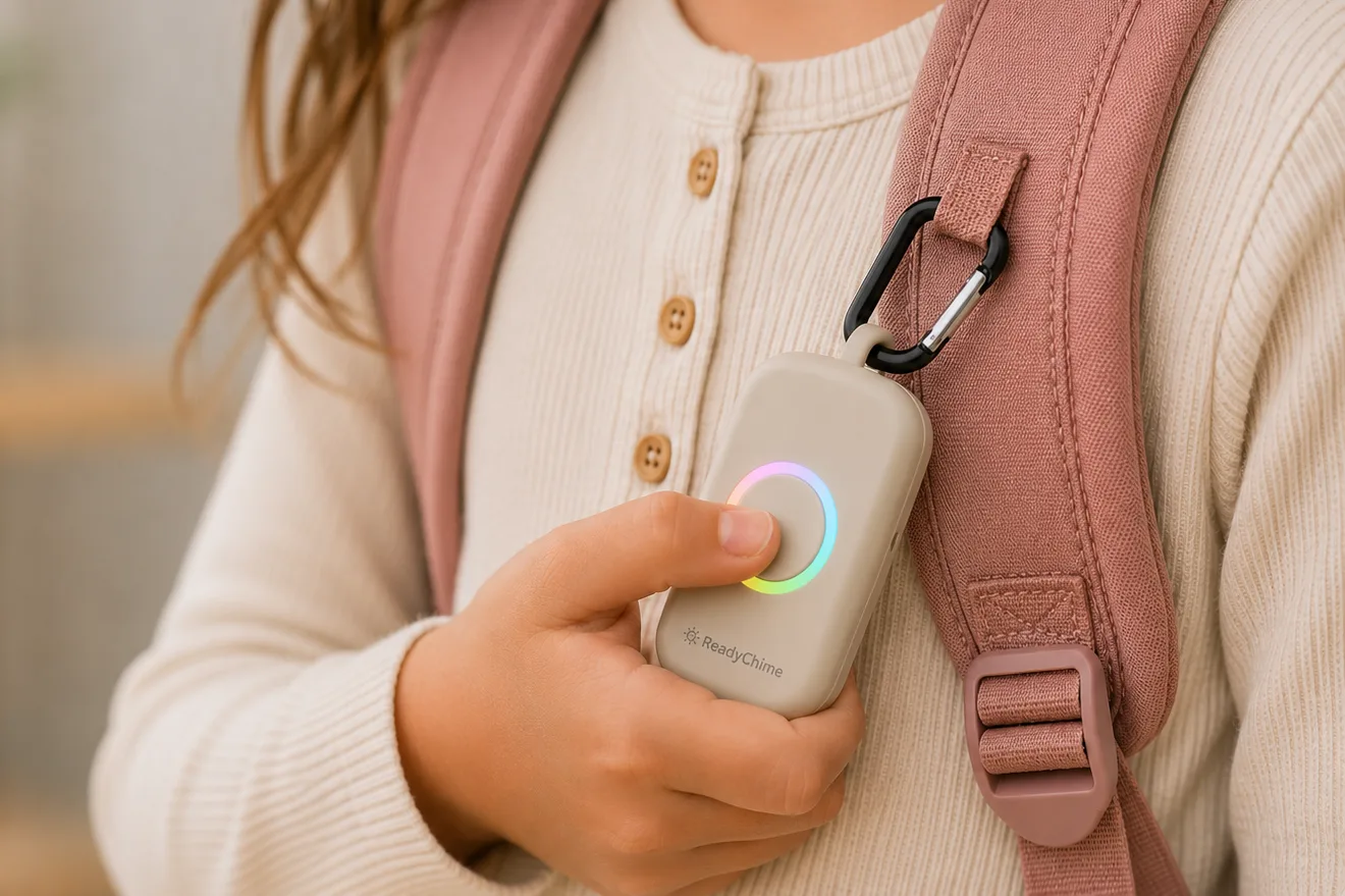 A child pressing the ReadyChime button, its light ring glowing, clipped to their backpack strap